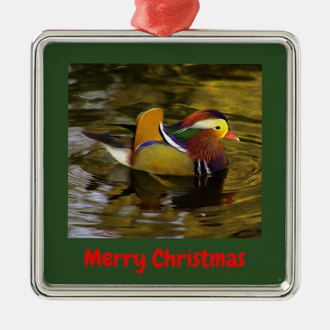 Ornement Carré Argenté Mandarin Canard Joyeux Noël Argent encadré (Devant)