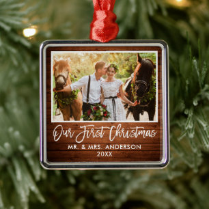 Ornement Carré Argenté Mariage en bois de pinceau Notre premier Noël