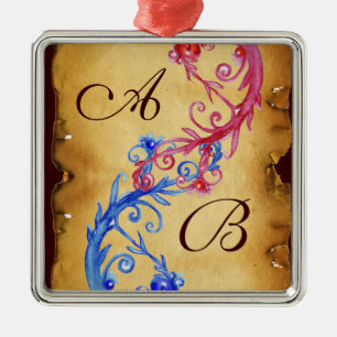 Ornement Carré Argenté Mariage SOUVENIR  DES ÉCOLES FLORALES ROSES BLEU