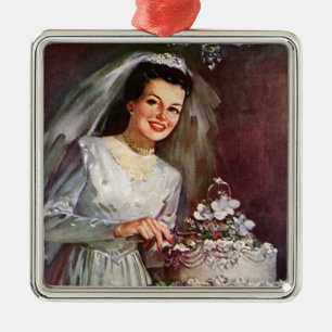 Ornement Carré Argenté Mariage Vintage, Mariée coupant le gâteau de maria