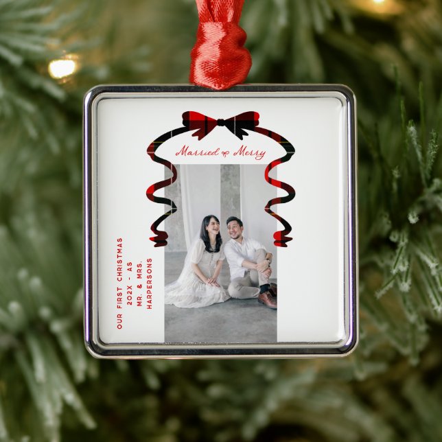 Ornement Carré Argenté Married and Merry Bow Photo Christmas Newlyweds (Arbre)