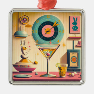 Ornement Carré Argenté Martini lapin atomique Futuriste du milieu du sièc
