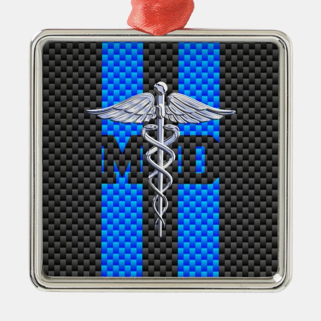 Ornement Carré Argenté Médecin Médicale MD Caduceus Fibres de carbone ray (Devant)