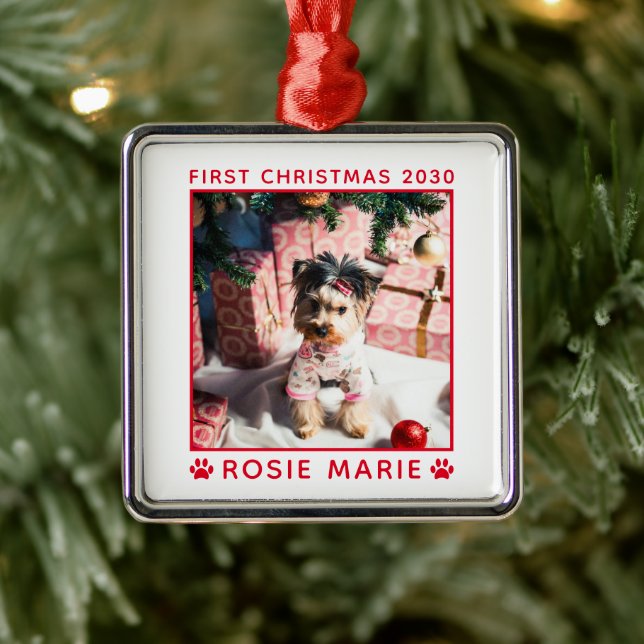 Ornement Carré Argenté Meilleur Chien de Noël Nom photo Année Personnalis (Arbre)