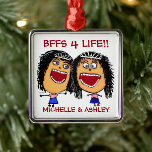Ornement Carré Argenté Meilleures Amies BFFS ou Sœurs Dessin Animé PERSON
