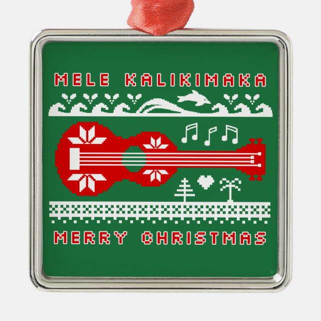Ornement Carré Argenté Mele Kalikimaka Doux moche (rouge sur vert) (Devant)