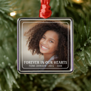 Ornement Carré Argenté Mémoire photo pour toujours dans nos cœurs