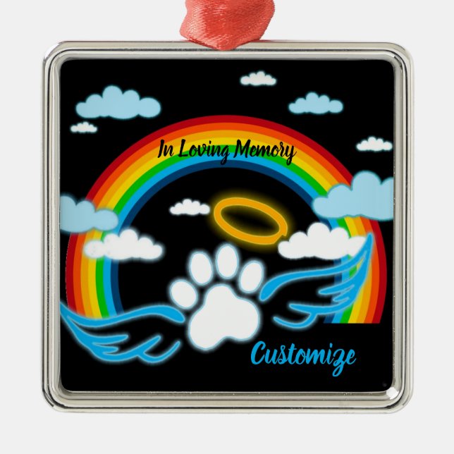 Ornement Carré Argenté Mémorial Angel Paws Rainbow (Devant)