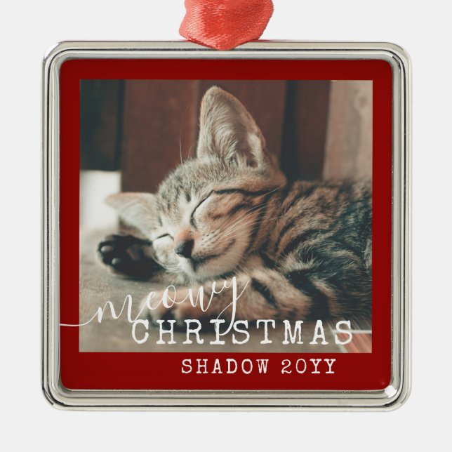 Ornement Carré Argenté Meowny Noël Rustique Rouge Argent (Devant)