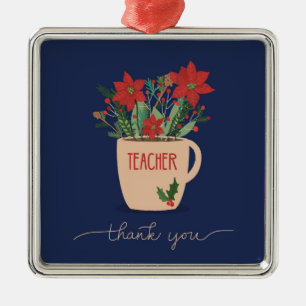 Ornement Carré Argenté Merci enseignant à Noël Poinsettias