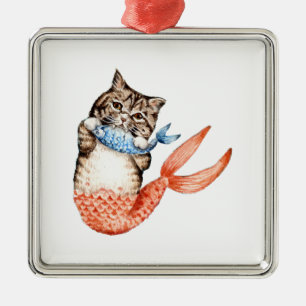 Ornement Carré Argenté Mermaid Chat Purmaid