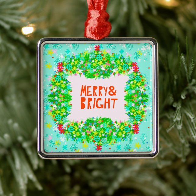 Ornement Carré Argenté Merry & Bright Wreath (Arbre)