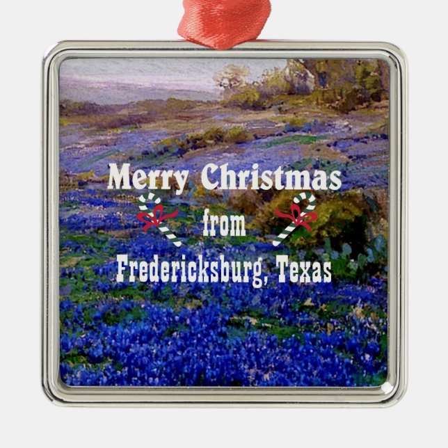 Ornement Carré Argenté Merry Christmas from Fredericksburg, Texas (Devant)