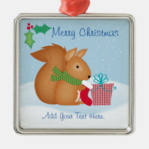 Ornement Carré Argenté Merry Christmas Squirrel Ceramic Ornament