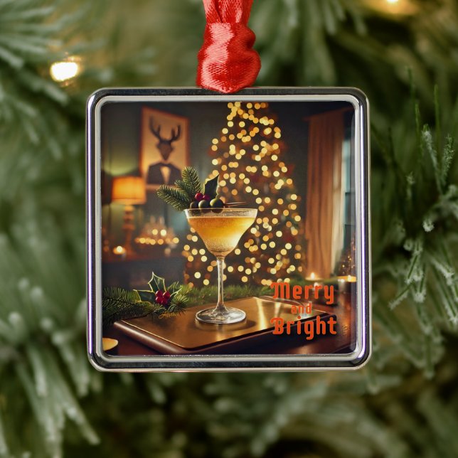 Ornement Carré Argenté Mi-Siècle Noël Joyeux & Cocktail lumineux (Arbre)