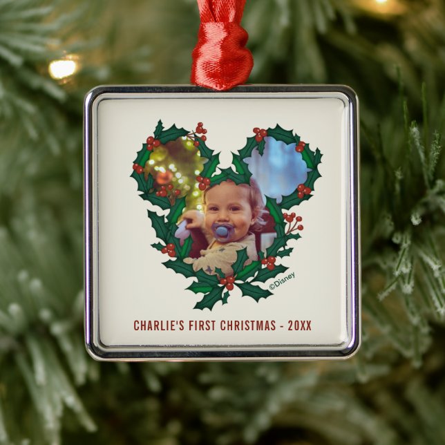 Ornement Carré Argenté Mickey Mouse Wreath | Premier Noël du bébé (Arbre)
