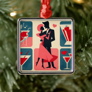 Ornement Carré Argenté Mid Century Valentine Dancing Couple