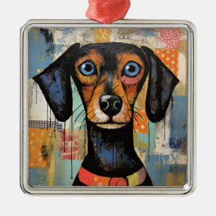 Ornement Carré Argenté Mignonne chiot drôle Chien Mélange Média Animal An
