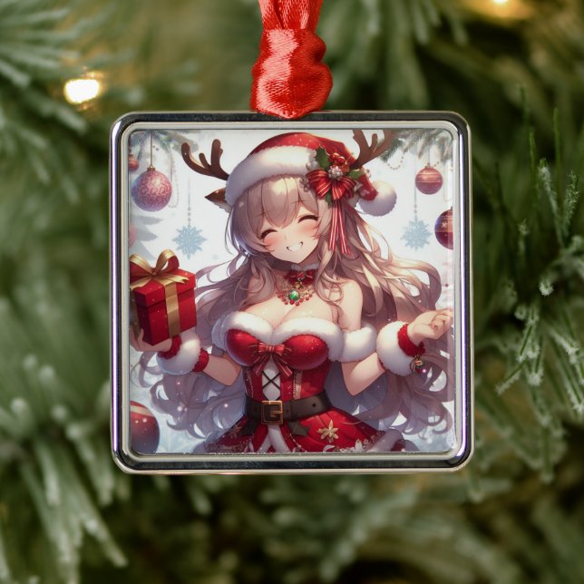 Ornement Carré Argenté mignonne fille de Noël anime (Arbre)