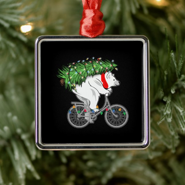 Ornement Carré Argenté Mignonne Ours Portant Un Cadeau Arbre De Noël Pour (Arbre)