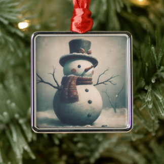 Ornement Carré Argenté Mignons Snowman Vintage pour Noël neigeux