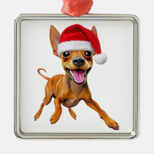 Ornement Carré Argenté Miniature Pinscher Chapeau de Père Noël Noël Chien