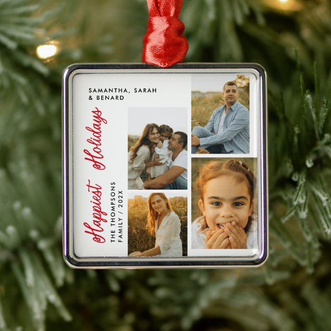 Ornement Carré Argenté Minimal Happiest Holidays Script Family 4 Photos (Arbre)