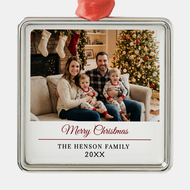 Ornement Carré Argenté Modern Personalized Family Photo Merry Christmas  (Devant)