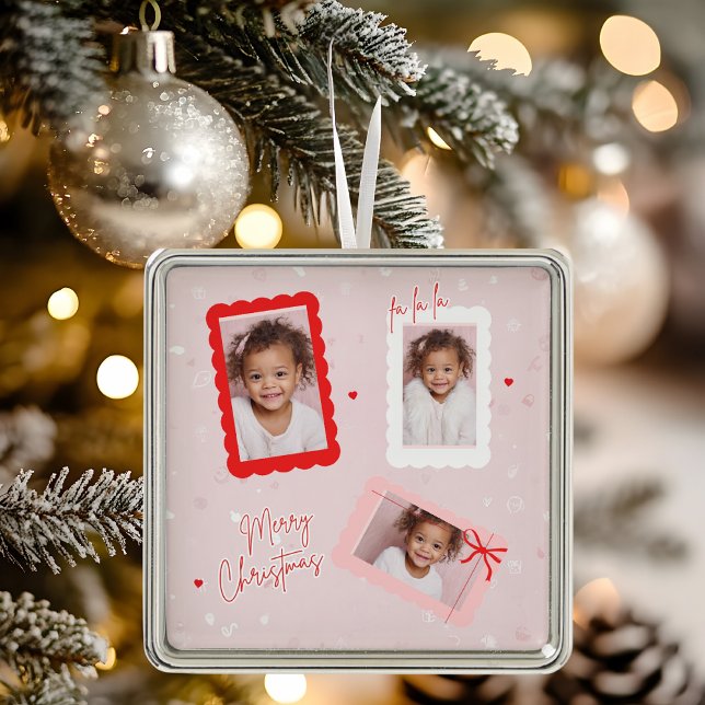 Ornement Carré Argenté Modern Pink “Fa La La” Multi Photo Christmas (Créateur téléchargé)