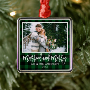 Ornement Carré Argenté Moderne écriture au pinceau Mariés et joyeux vert 