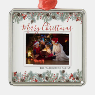 Ornement Carré Argenté Moderne Joyeux Noël Famille Photo Russe