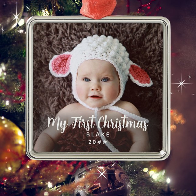 Ornement Carré Argenté Mon premier Noël Enfants Nom de la photo Année (Personalize with a photo, child's name and year.)