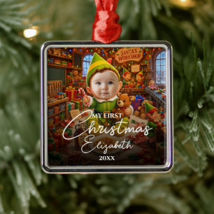 Ornement Carré Argenté Mon premier Noël Le petit aide du Père Noël Photo