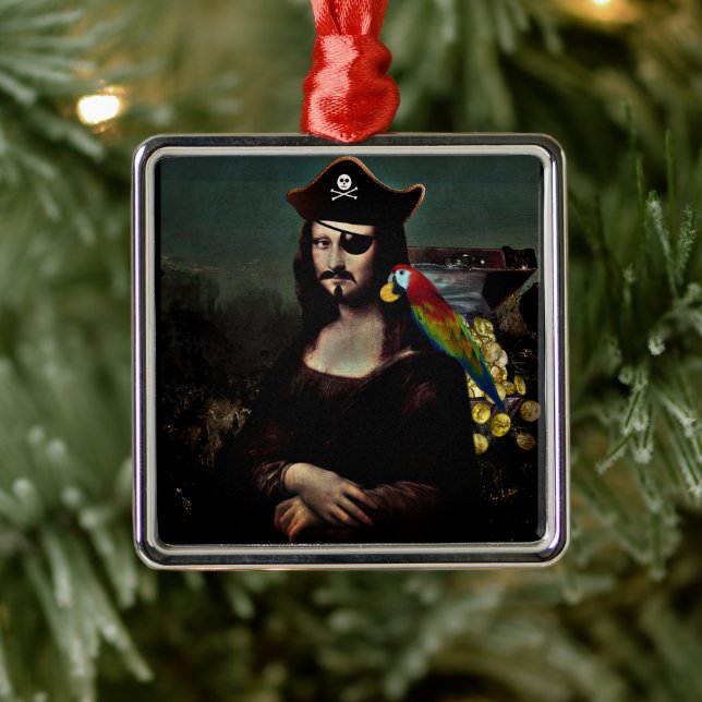 Ornement Carré Argenté Mona Lisa pirate avec cache-œil (Arbre)