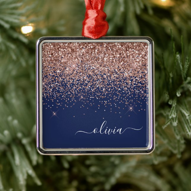 Ornement Carré Argenté Monogramme de Parties scintillant bleu marine rose (Arbre)