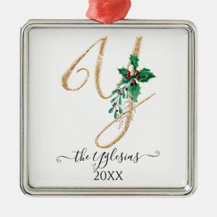 Ornement Carré Argenté Monogramme d'or Y Parties scintillant Noël Holly F