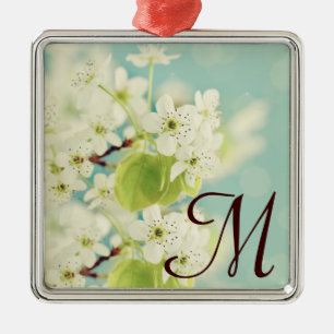 Ornement Carré Argenté Monogramme en fleurs de cerisier blanc