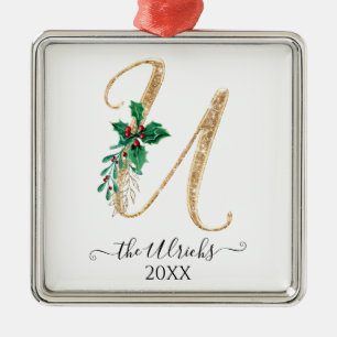 Ornement Carré Argenté Monogramme or U Parties scintillant Noël Holly Fol