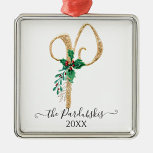Ornement Carré Argenté Monogramme P Parties scintillant Gold Noël Holly F
