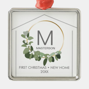 Ornement Carré Argenté Monogramme Premier Noël dans notre nouvelle maison