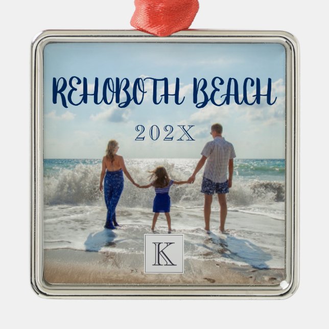 Ornement Carré Argenté Monogramme Rehoboth Beach Famille Voyage Souvenir (Devant)