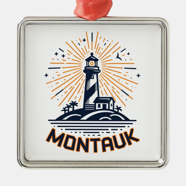 Ornement Carré Argenté Montauk Point New York Lighthouse Sunrise (Devant)
