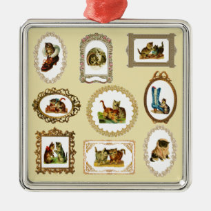Ornement Carré Argenté Motif de chats encadrés Vintages