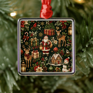 Ornement Carré Argenté Motif de Noël de luxe vintage Premium