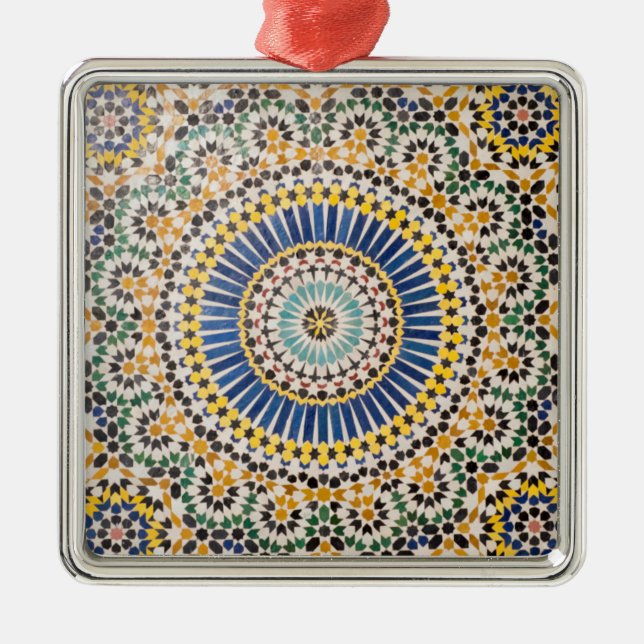 Ornement Carré Argenté motif de tuiles géométriques, Maroc (Devant)