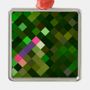 Ornement Carré Argenté Motif Pixelé - Vert