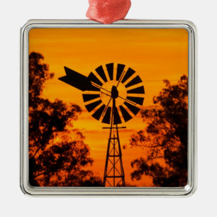 Ornement Carré Argenté Moulin à vent au coucher du soleil, Australie