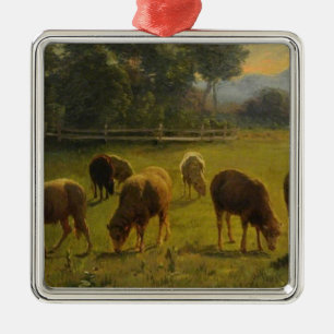 Ornement Carré Argenté Moutons dans un paysage rural (par Rosa Bonheur)