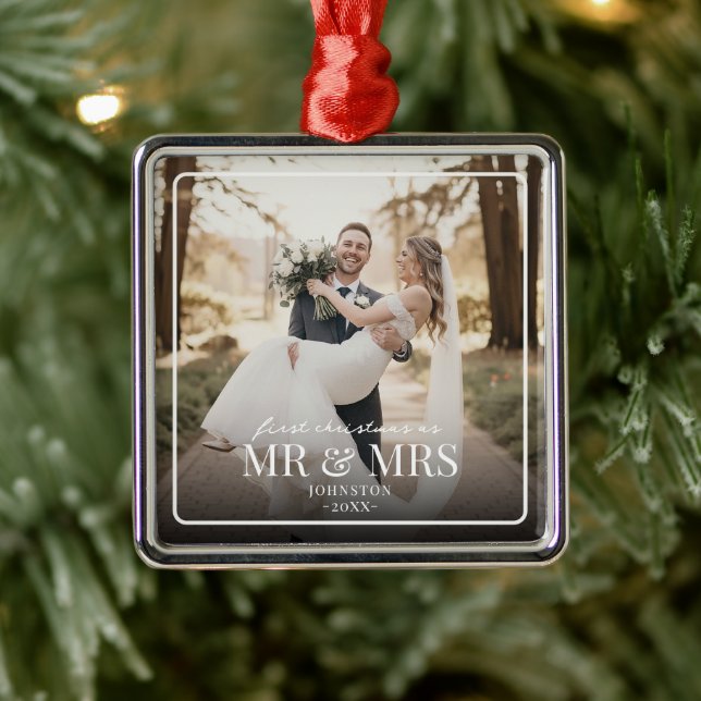 Ornement Carré Argenté Mr & Mrs First Chirstmas Boarder Custom Photo  (Arbre)