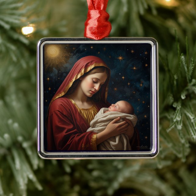Ornement Carré Argenté Nativité de Noël Vierge Marie & Jésus (Arbre)